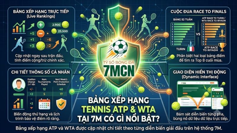Bảng xếp hạng ATP và WTA được cập nhật chi tiết theo từng diễn biến giải đấu trên hệ thống 7M.
