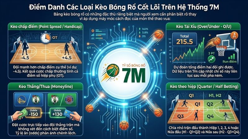 Giao diện bảng tỷ lệ kèo bóng rổ NBA kèo chấp và tài xỉu tại 7mcn